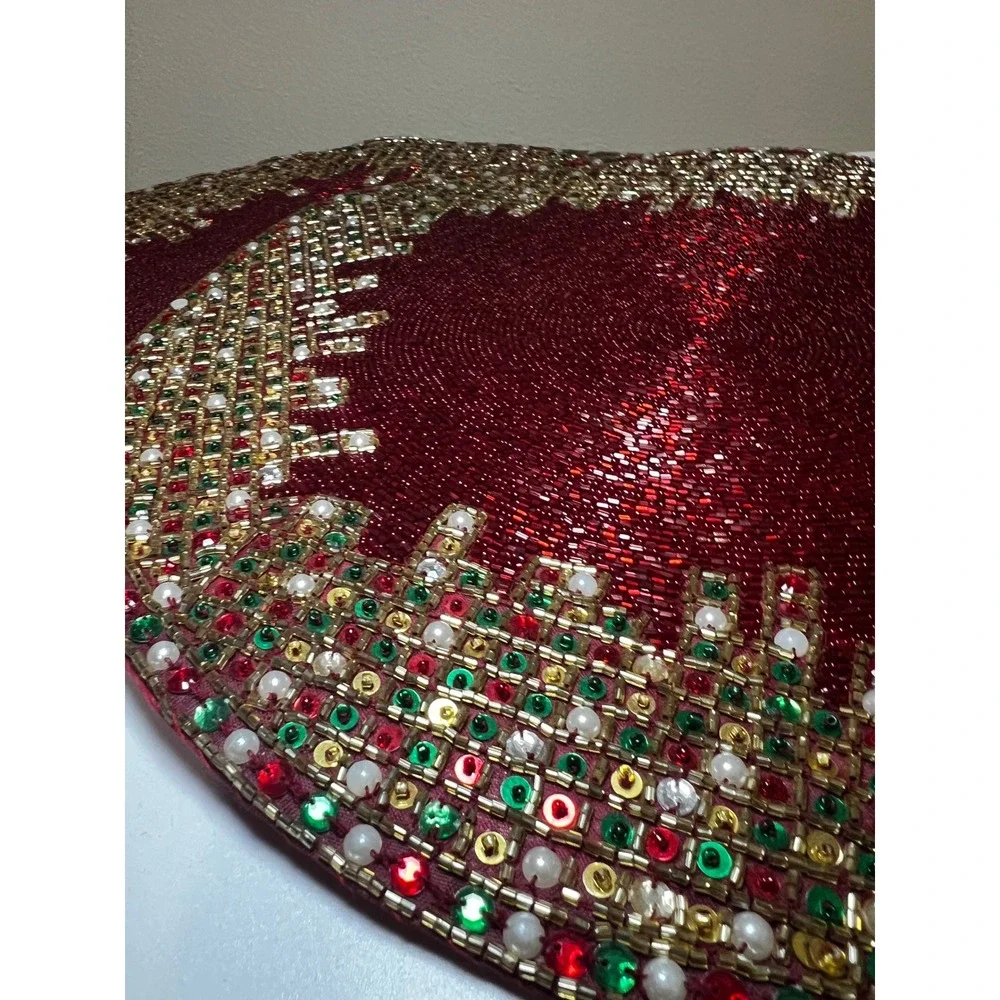 Kim Seybert Beaded Christmas Charger Placemats Set of 2 Red Gold Green 15in